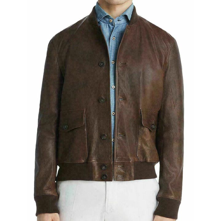 Men's Brown Leather Baseball Bomber Jacket - AMSEL LEATHERS