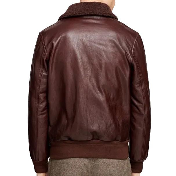 Men's Brown Leather Bomber Jacket with Detachable Fur Collar - AMSEL LEATHERS