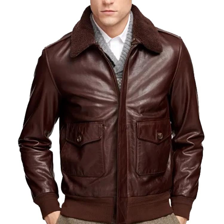 Men's Brown Leather Bomber Jacket with Detachable Fur Collar - AMSEL LEATHERS