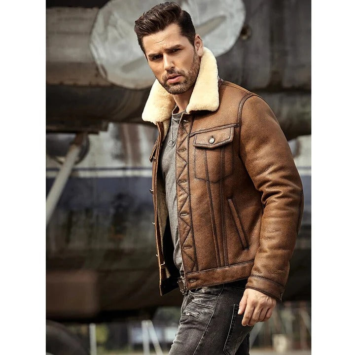 Men's Brown RAF B3 Trucker Shearling Leather Jacket - AMSEL LEATHERS