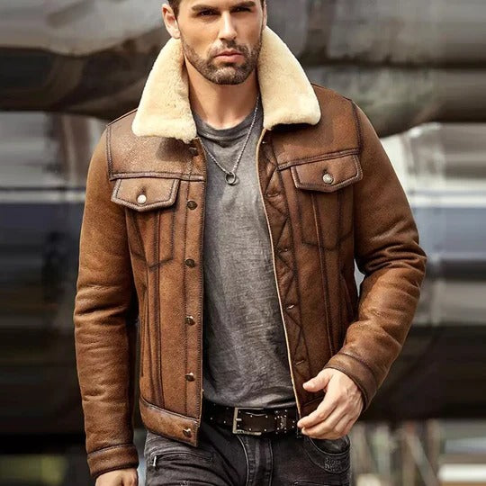 Men's Brown RAF B3 Trucker Shearling Leather Jacket - AMSEL LEATHERS