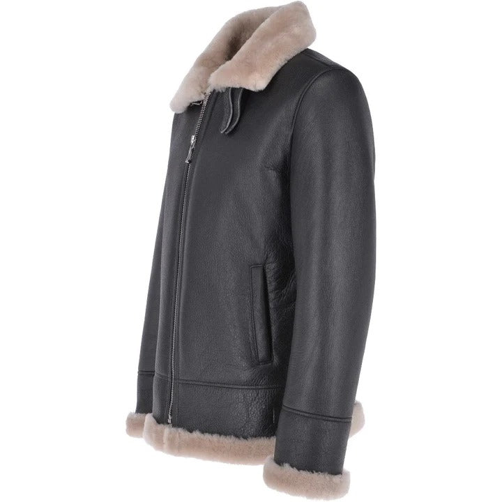 Brown Shearling Jacket Men's Black Leather Bomber Jacket - AMSEL LEATHERS