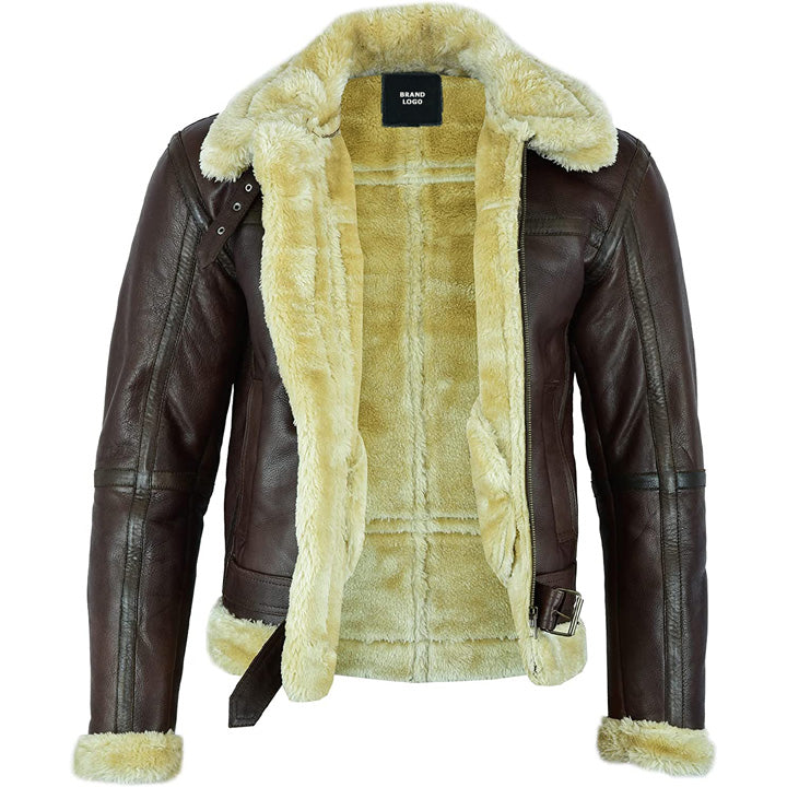 Men's Brown Shearling Leather Aviator Jacket - AMSEL LEATHERS