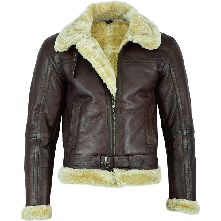 Men's Brown Shearling Leather Aviator Jacket - AMSEL LEATHERS