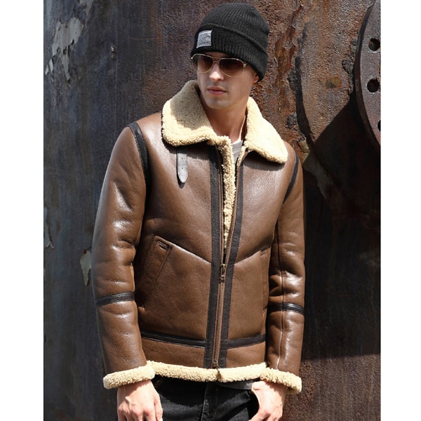 Men's Brown Sheepskin Fur Flying Coat Shearling Flight Jacket - AMSEL LEATHERS