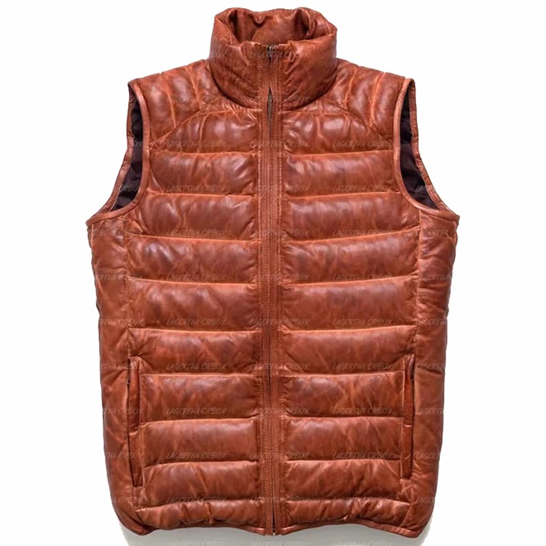 Men's Brown Sheepskin Leather Puffer Vest - AMSEL LEATHERS