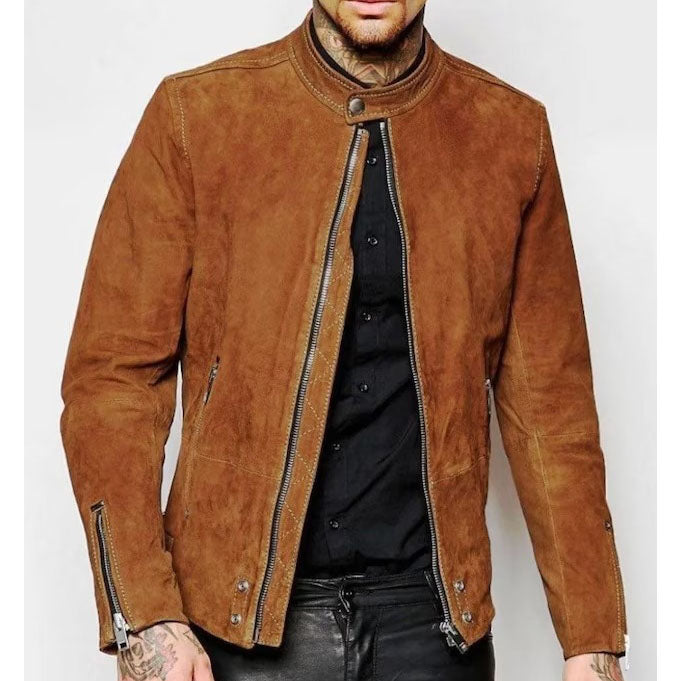 Men's Brown Suede Leather Motorcycle Biker Jacket - AMSEL LEATHERS