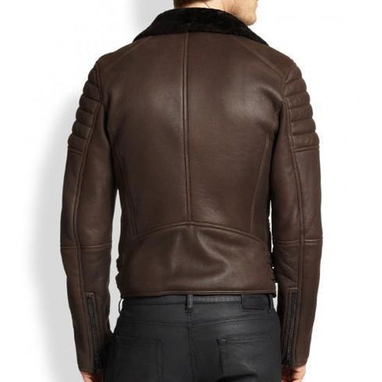 Men's Cafe Racer Brown Sheepskin Leather Black Fur Shearling Jacket - AMSEL LEATHERS