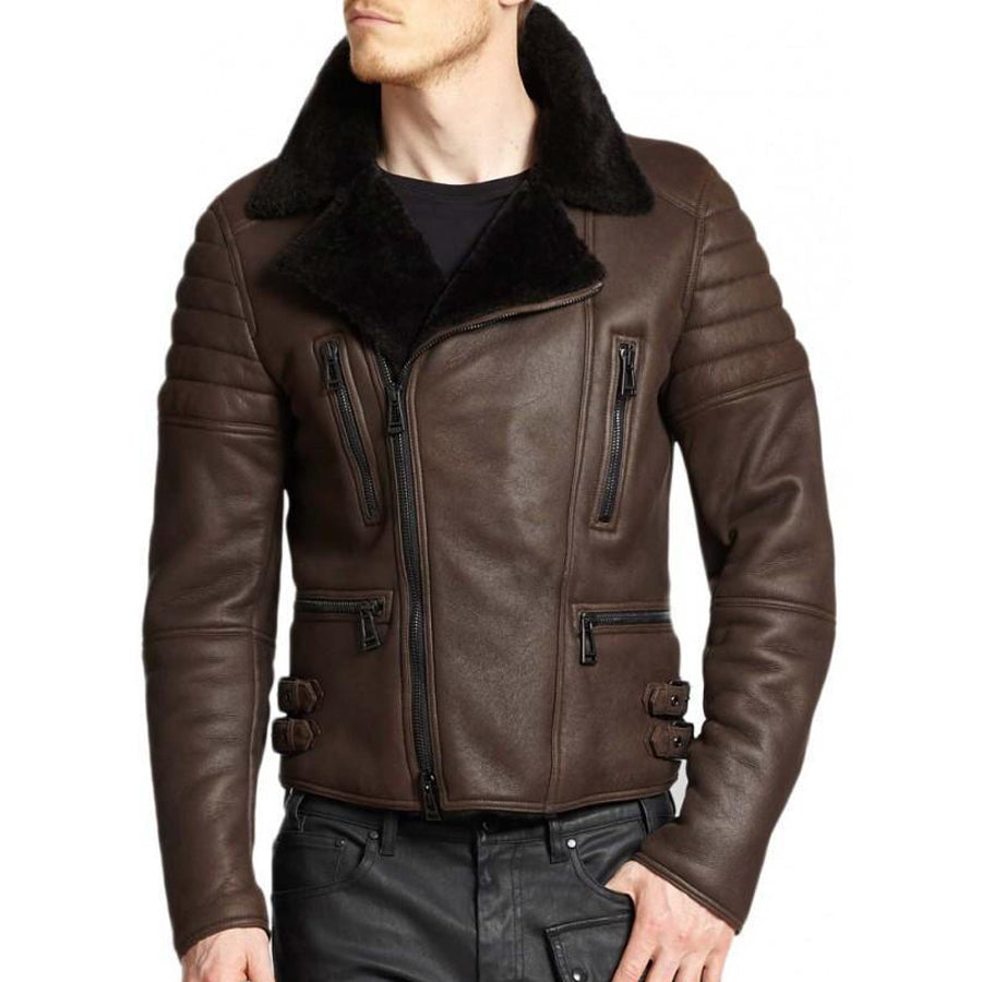 Men's Cafe Racer Brown Sheepskin Leather Black Fur Shearling Jacket - AMSEL LEATHERS