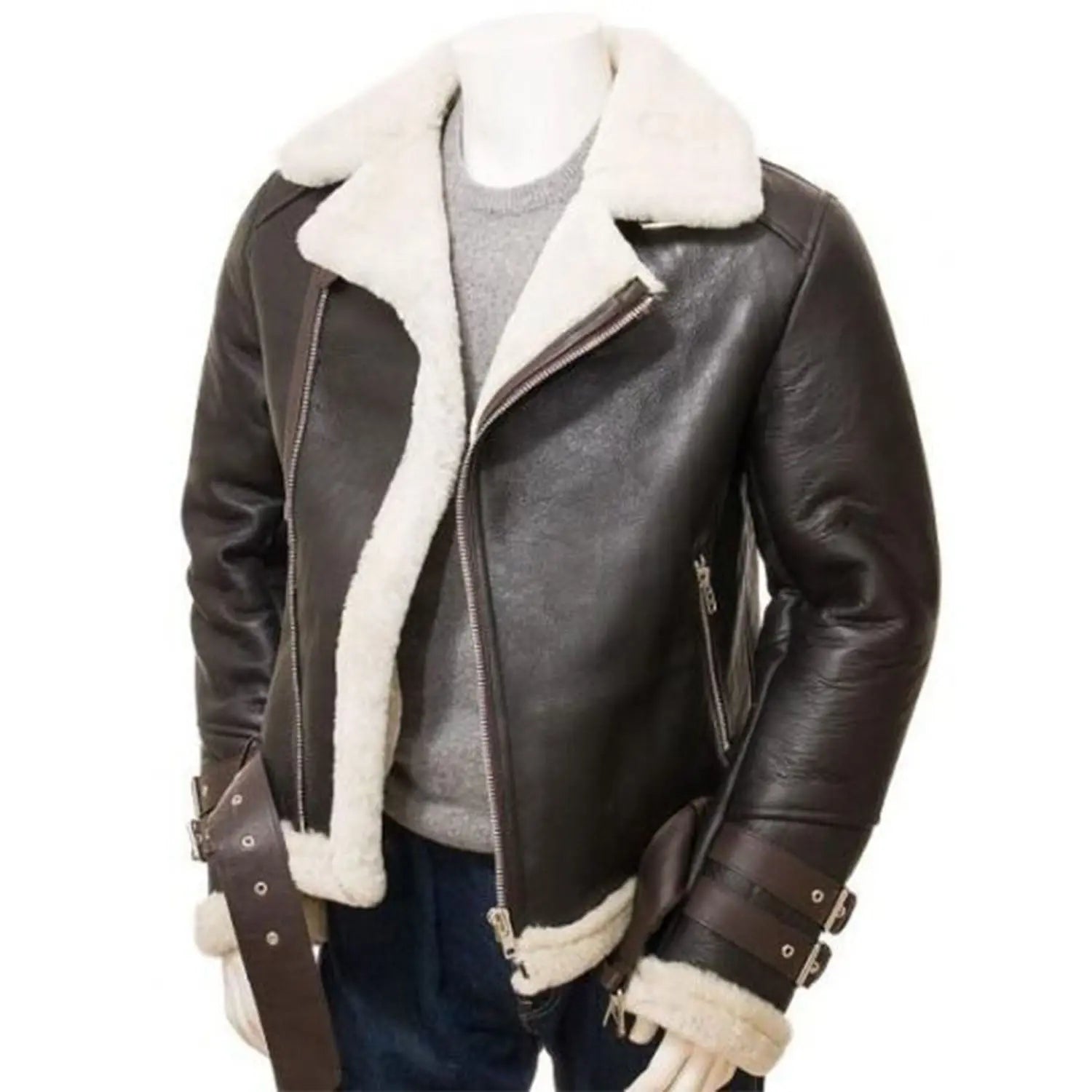 Men's Cross Zip Aviator Faux Shearling Leather Jacket - AMSEL LEATHERS