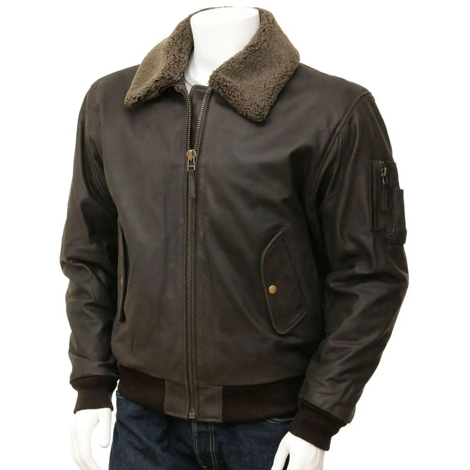 Men's Dark Brown Detachable Collar Aviator Leather Jacket Amsel Leathers