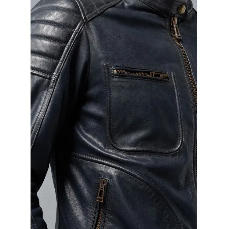 Men's Deep Navy Leather Moto Jacket - AMSEL LEATHERS