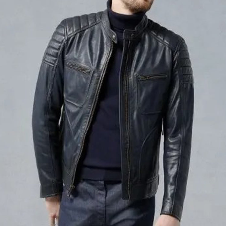 Men's Deep Navy Leather Moto Jacket - AMSEL LEATHERS