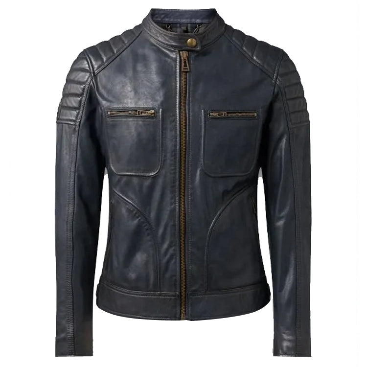 Men's Deep Navy Leather Moto Jacket - AMSEL LEATHERS