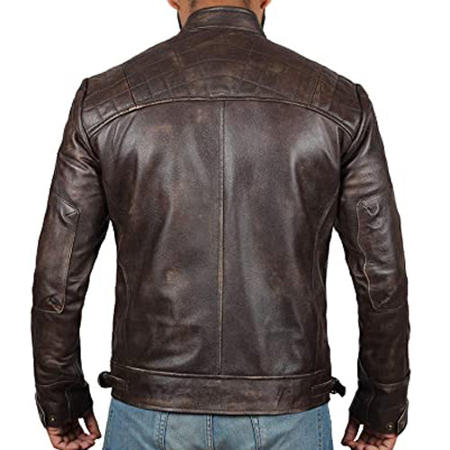 Men's Distressed Dark Brown Cafe Racer Leather Jacket with Stand Collar - AMSEL LEATHERS