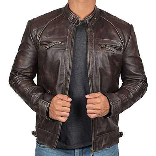 Men's Distressed Dark Brown Cafe Racer Leather Jacket with Stand Collar - AMSEL LEATHERS