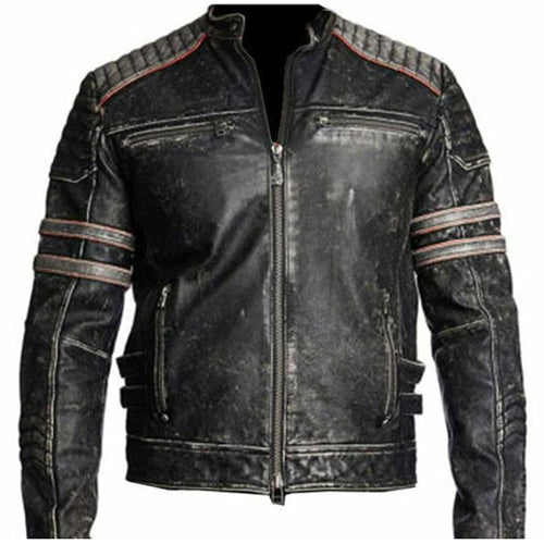 Men's Distressed Dark Grey Cafe Racer Jacket with Stripes - AMSEL LEATHERS