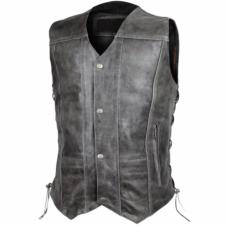 Men's Distressed Grey Cowhide Leather Vest - AMSEL LEATHERS