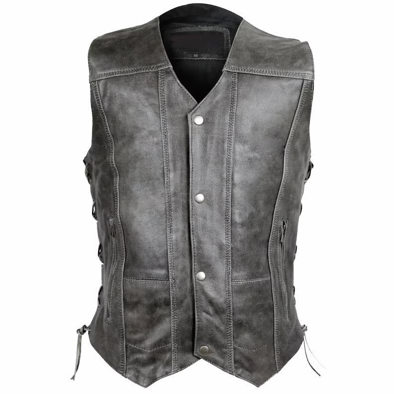 Men's Distressed Grey Cowhide Leather Vest - AMSEL LEATHERS