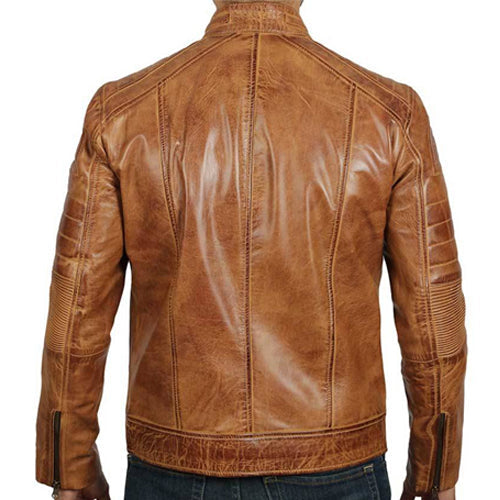 Men's Distressed Tan Brown Cafe Racer Jacket with Stand Collar - AMSEL LEATHERS