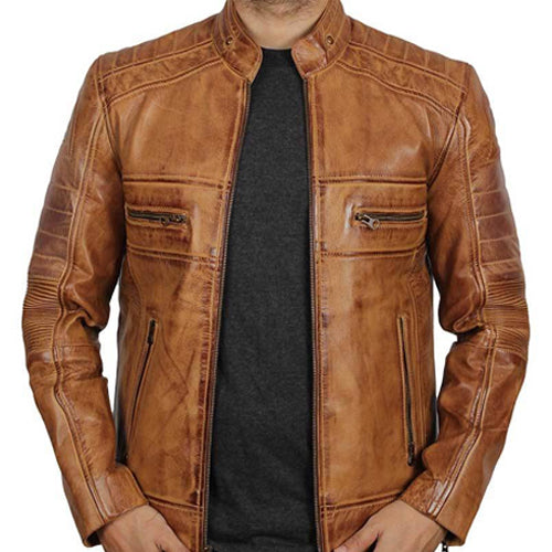 Men's Distressed Tan Brown Cafe Racer Jacket with Stand Collar - AMSEL LEATHERS