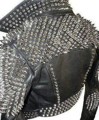 • silver spike biker jacket detail close up
