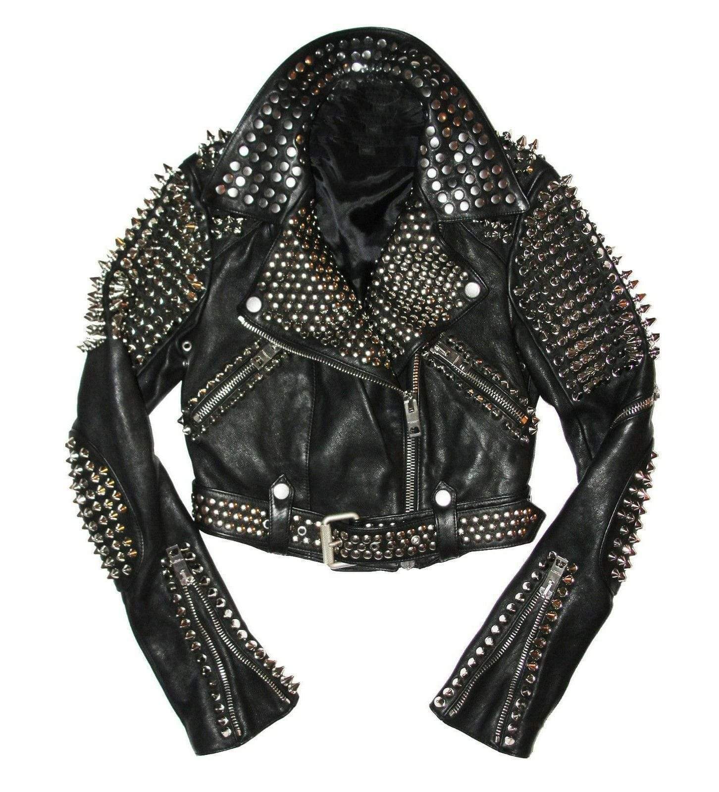 • black punk studded leather jacket mens front view
