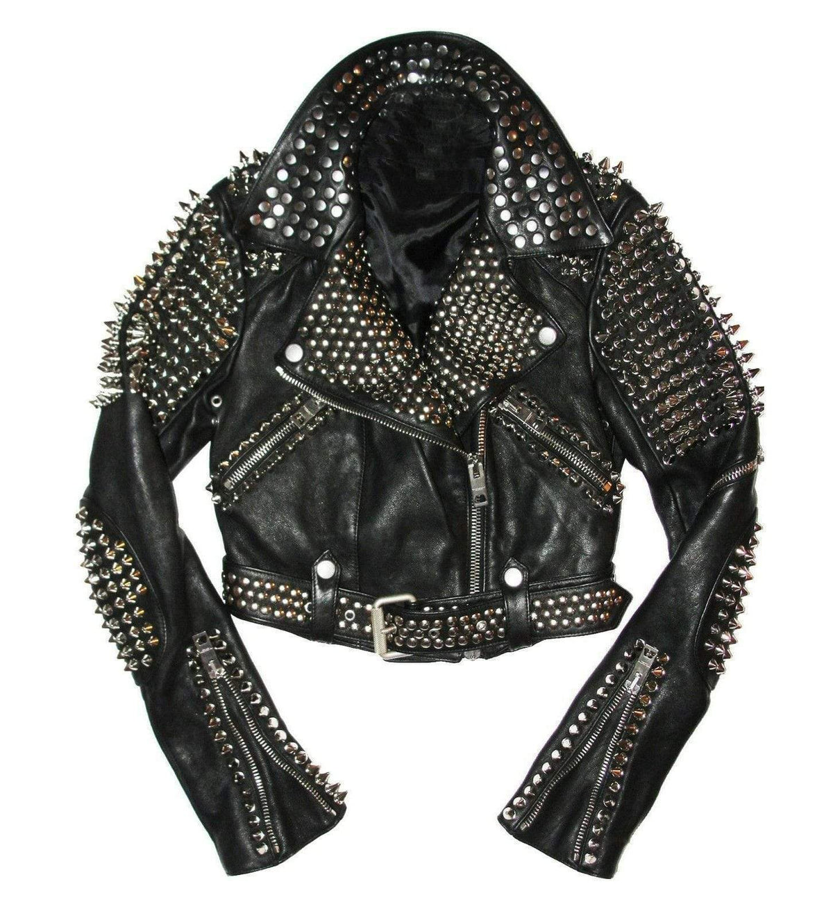 • black punk studded leather jacket mens front view
