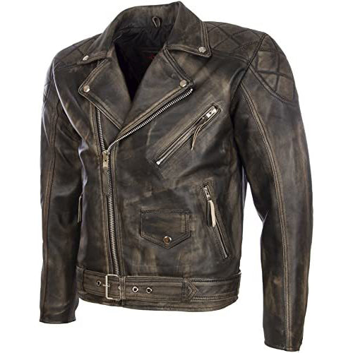 Men's Genuine Leather Belted Biker Jacket in Vintage Style - AMSEL LEATHERS