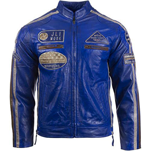 Men's Genuine Leather Biker Jacket with Patches - AMSEL LEATHERS