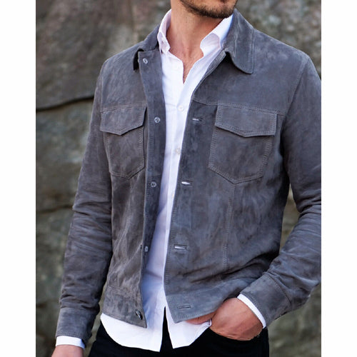 Mens Gray Suede Leather Trucker Jacket - AMSEL LEATHERS