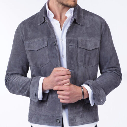 Mens Gray Suede Leather Trucker Jacket - AMSEL LEATHERS