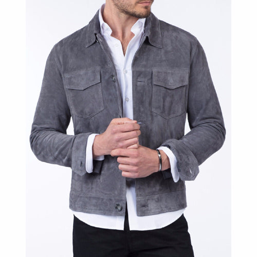 Mens Gray Suede Leather Trucker Jacket - AMSEL LEATHERS