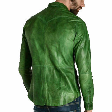 Men's Green Premium Lambskin Leather Shirt - AMSEL LEATHERS