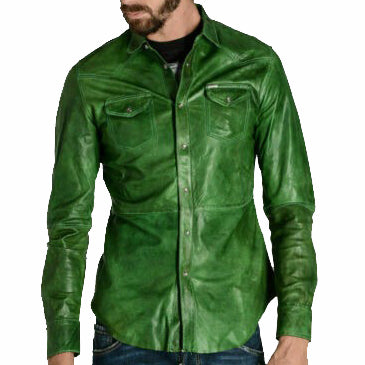 Men's Green Premium Lambskin Leather Shirt - AMSEL LEATHERS