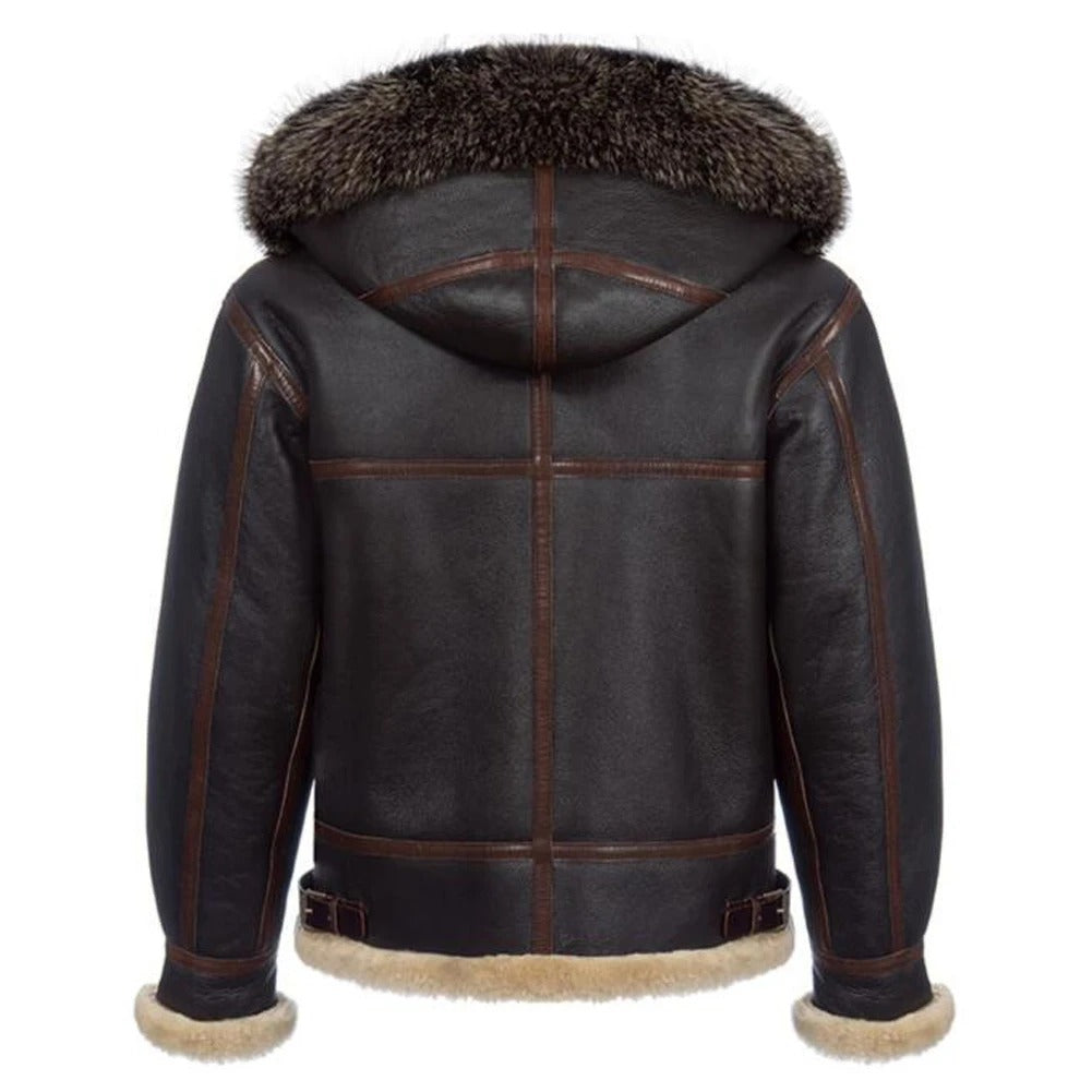 Men's Hooded B3 Pilot Shearling Sheepskin Jacket Coat - AMSEL LEATHERS