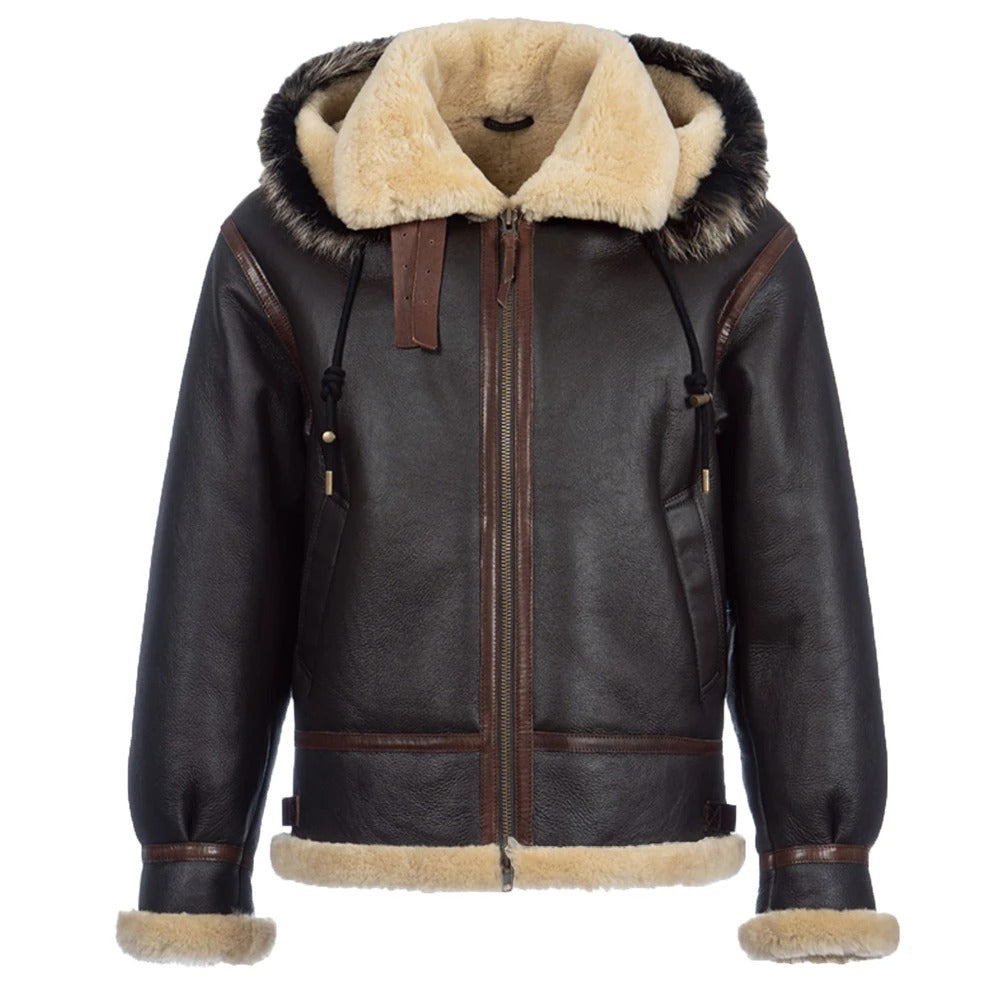 Men's Hooded B3 Pilot Shearling Sheepskin Jacket Coat - AMSEL LEATHERS