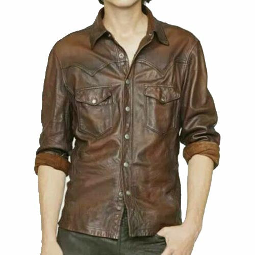 Men's Lambskin Vintage Leather Slim Fit Shirt - AMSEL LEATHERS