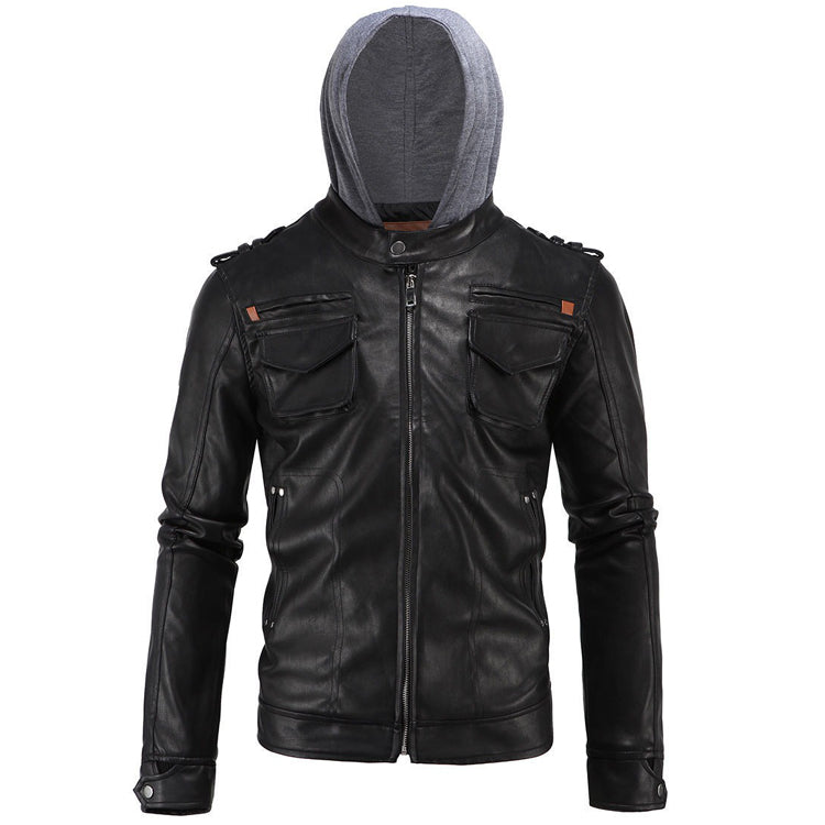 Men's Motorcycle Brando Style Biker Leather Jacket with Hood - AMSEL LEATHERS