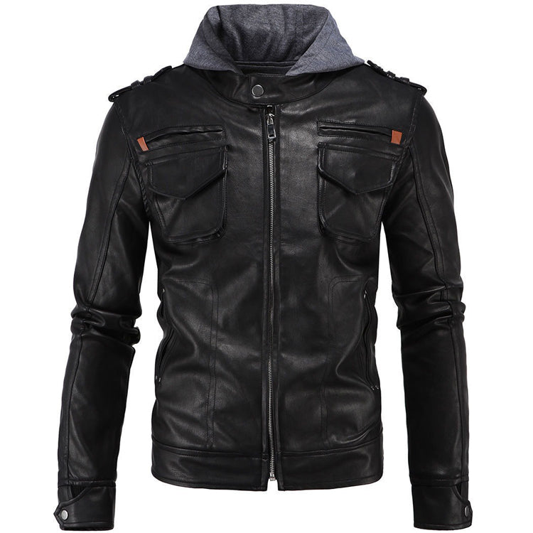 Men's Motorcycle Brando Style Biker Leather Jacket with Hood - AMSEL LEATHERS