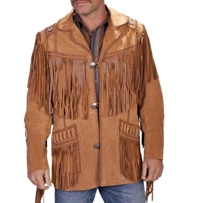 men's brown fringe suede leather jacket silas front view