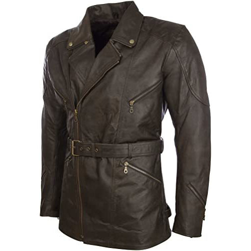 Men's Real Cowhide Leather Belted Motorbike Coat - AMSEL LEATHERS