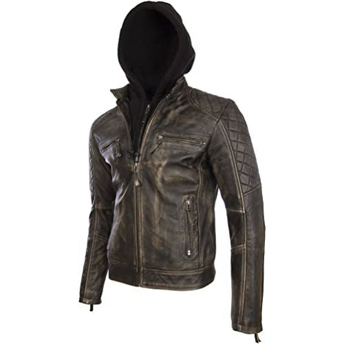 Men's Real Leather Vintage Biker Jacket with Removable Hood - AMSEL LEATHERS