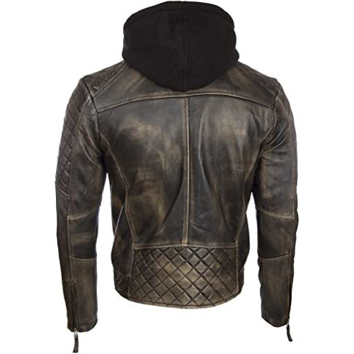 Men's Real Leather Vintage Biker Jacket with Removable Hood - AMSEL LEATHERS