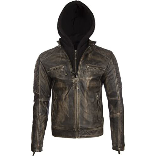 Men's Real Leather Vintage Biker Jacket with Removable Hood - AMSEL LEATHERS