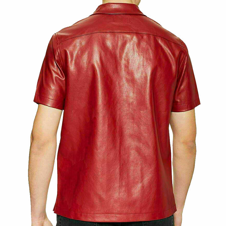 Men's Red Genuine Lambskin Leather Shirt - AMSEL LEATHERS