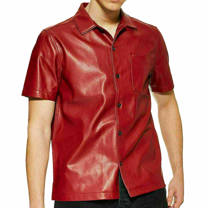 Men's Red Genuine Lambskin Leather Shirt - AMSEL LEATHERS