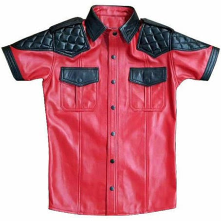 Men's Red Lambskin Leather Police Shirt with Padded - AMSEL LEATHERS