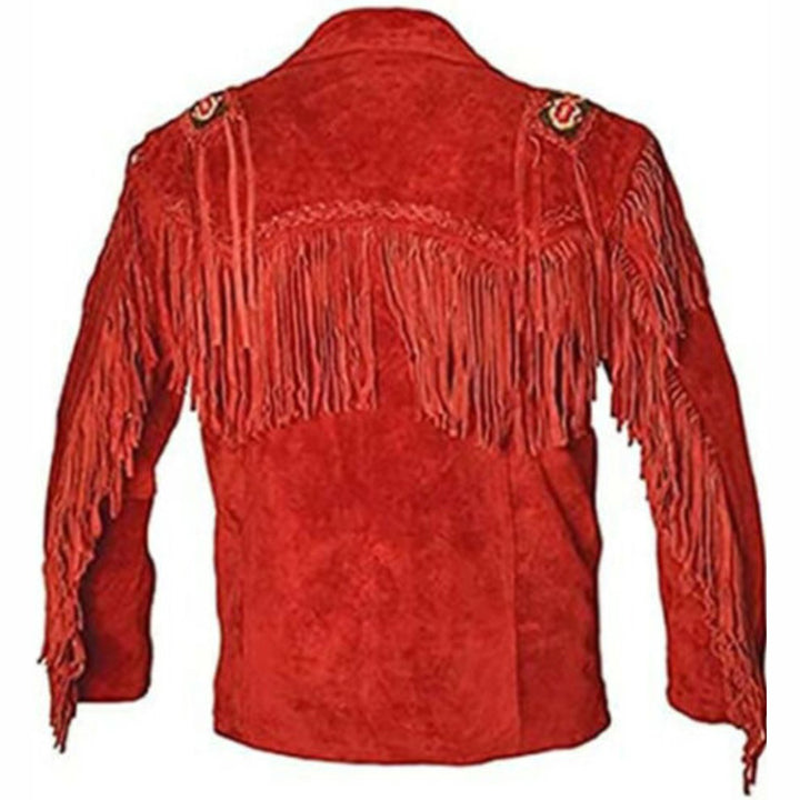 Men's Red Leather Cowboy Jacket with Cropped Fringe - AMSEL LEATHERS