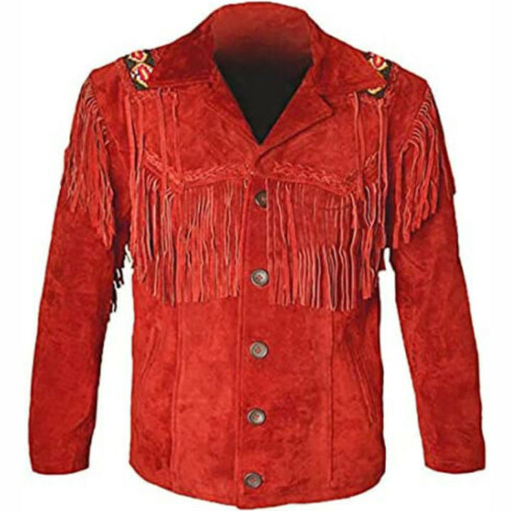 Men's Red Leather Cowboy Jacket with Cropped Fringe - AMSEL LEATHERS